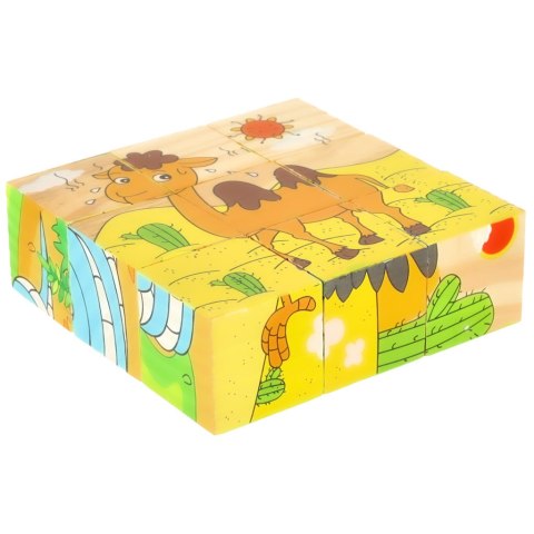 KLOCKI DREWNIANE EDUKACYJNE PUZZLE UKŁADANKA KOSTKI SAFARI 6W1 9EL.