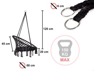 Huśtawka fotel bocianie gniazdo z oparciem czarna 80cm + poduszki 150kg