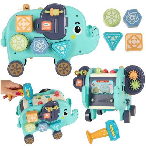 SŁONIK TABLICA MANIPULACYJNA MONTESSORI WBIJAK SORTER KLOCKI MŁOTEK 26CM