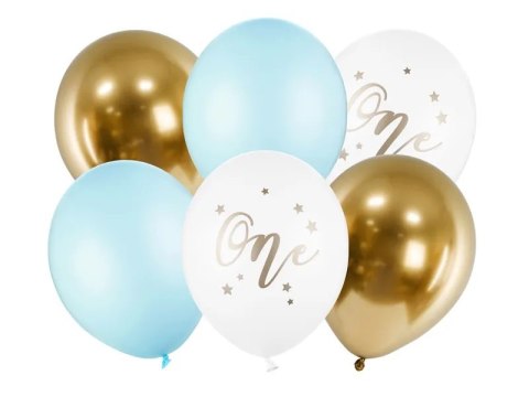 BALONY URODZINOWE PASTEL LIGHT BLUE BIAŁY ZŁOTY NIEBIESKI 30CM 6 SZTUK